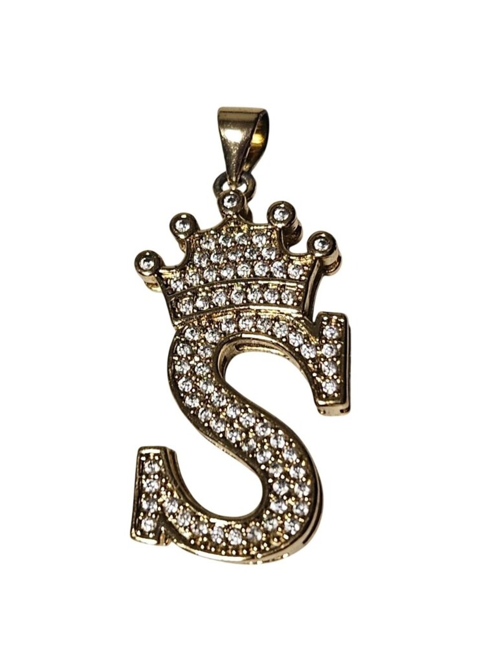 Elegant Stylish S Initial Crown Pendant Charm Cubic Zirconia Gold Tone Jewelry